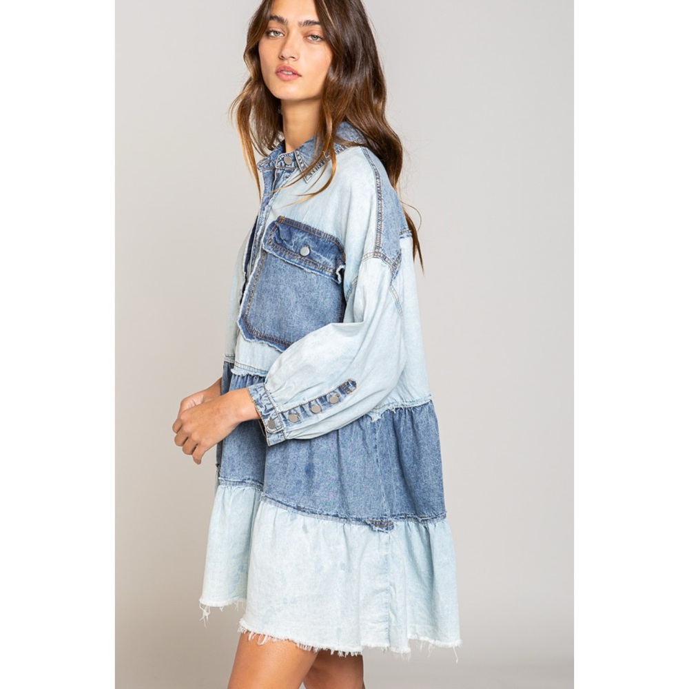POL Denim Button Front Collared Dress | Tiered Ruffle Long Sleeve - Picture 9 of 10